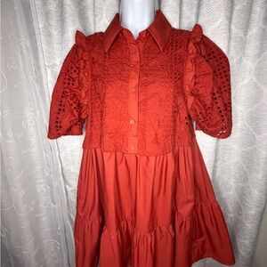 Entro Eyelet Lace Dress Women’s Small Coral Puff Sleeve Collared NWT Pockets